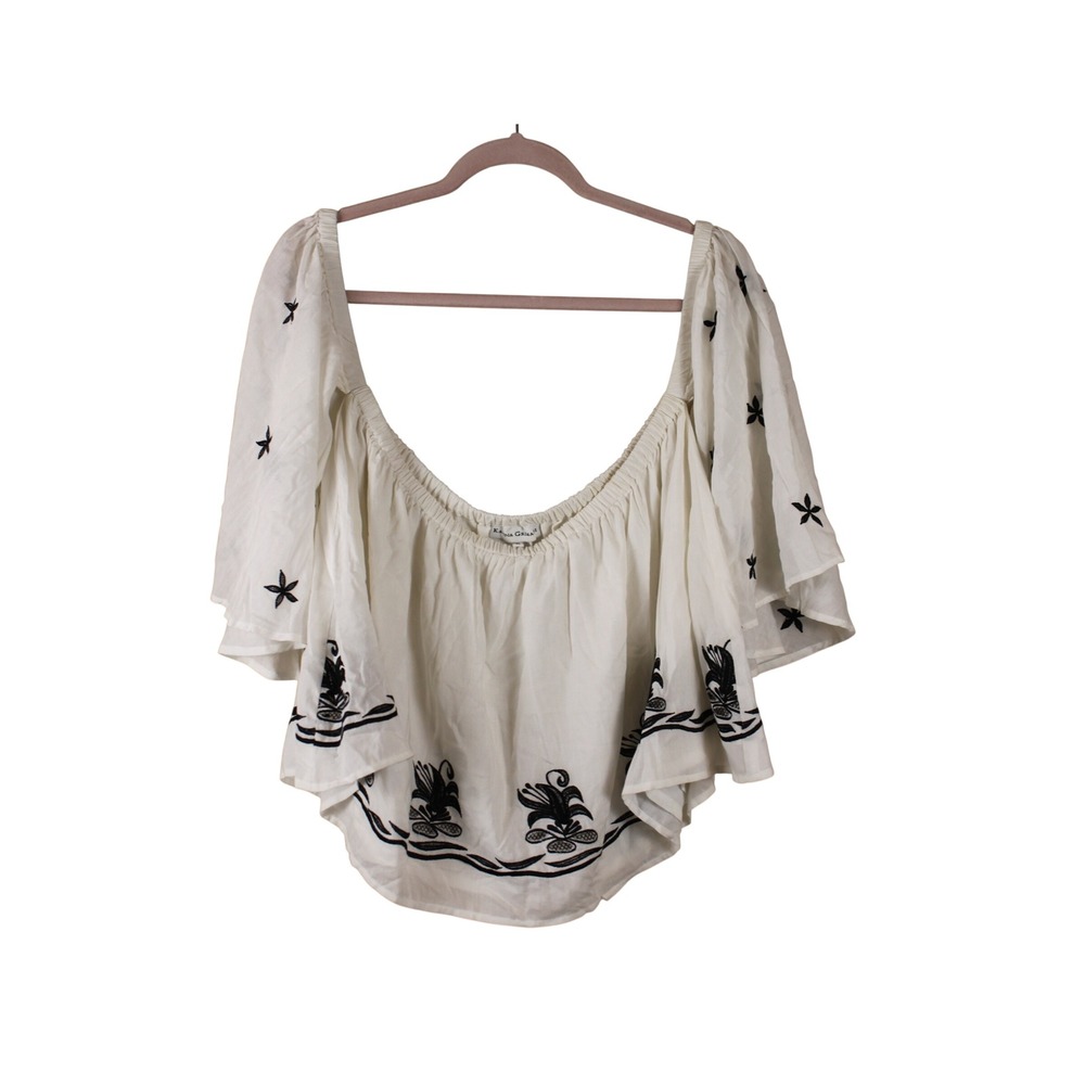 Karina Grimaldi Peasant Milkmaid Whimsy White Black Embroidered Crop Top M